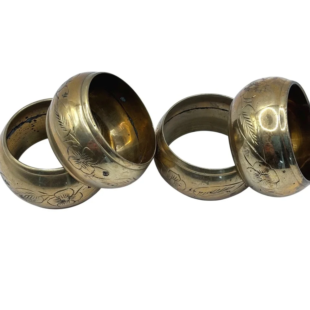 Vintage Etched Brass Napkin Rings Set of 4 Floral Gold Tone Mid Century Decor